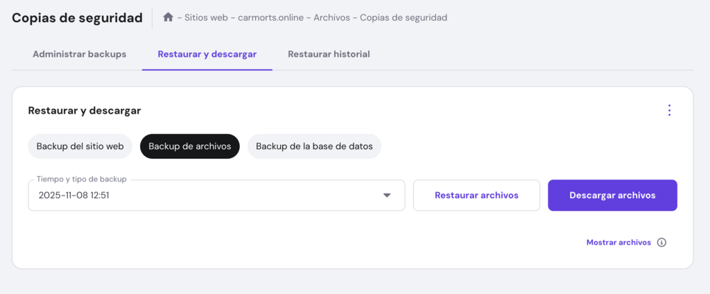 Sección de backups de archivos en hPanel