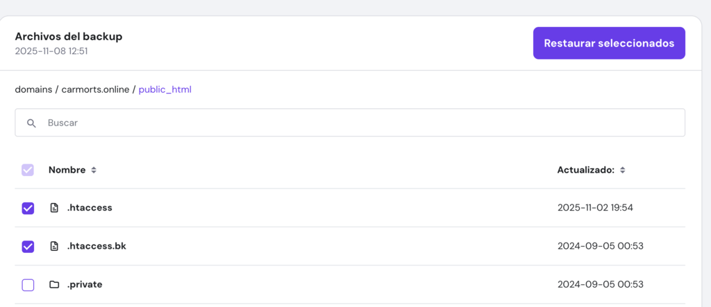 Sección de Archivos del backup en hPanel