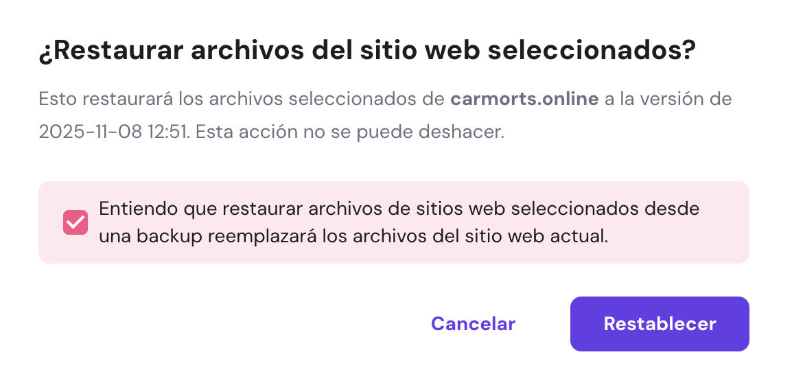 Sección de ¿Restaurar archivos del sitio web seleccionados?