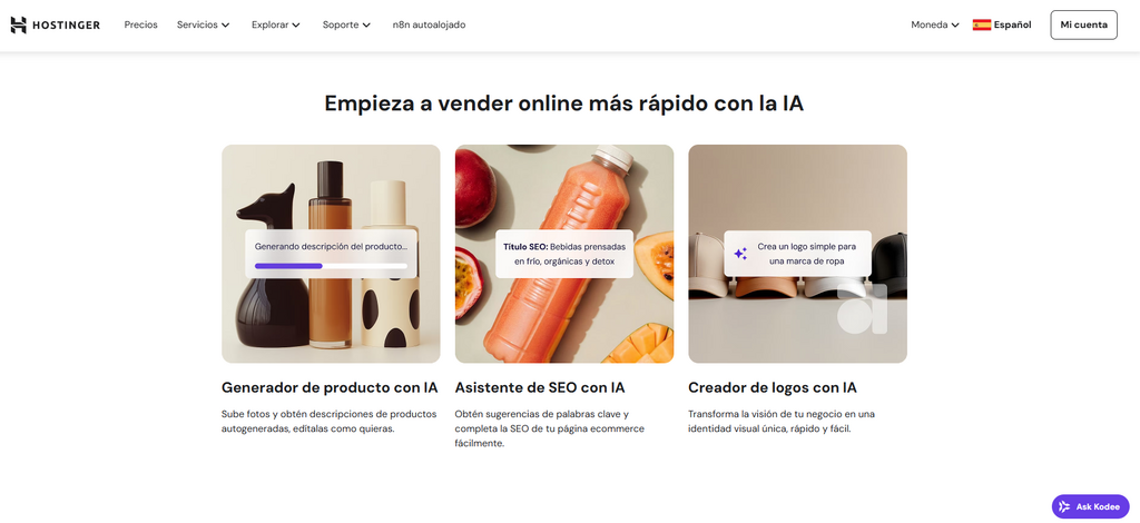 Las caracter&iacute;sticas de la herramienta Creador de sitios web de comercio electr&oacute;nico de Hostinger