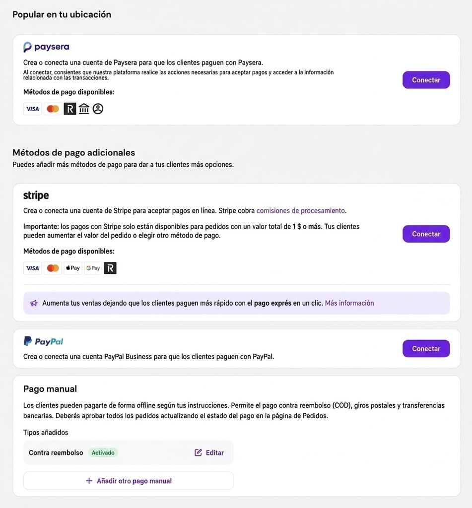 hostinger-ecommerce-payments-payment-methods Ajustes de pago de ecommerce de Hostinger que muestran Paysera, Stripe, PayPal y pagos manuales.
