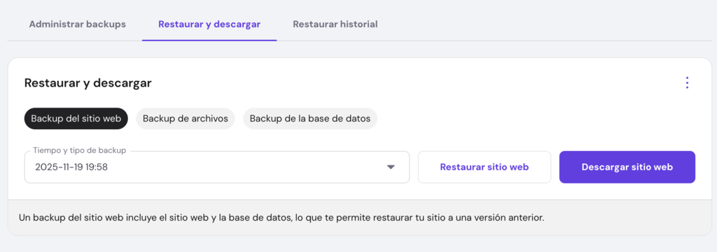 Sección de backups de hPanel