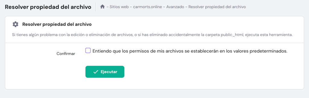Sección de Resolver propiedad del archivo en hPanel