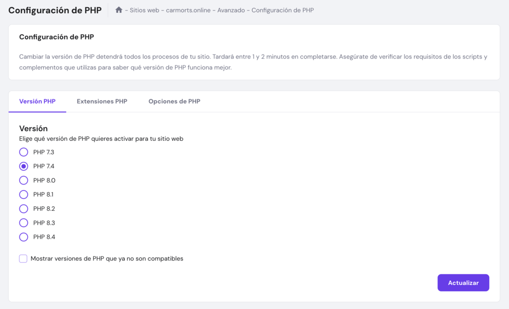 Configuración PHP en hPanel