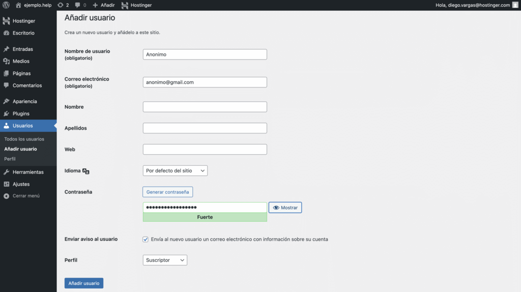 Añadir nuevo usuario en WP