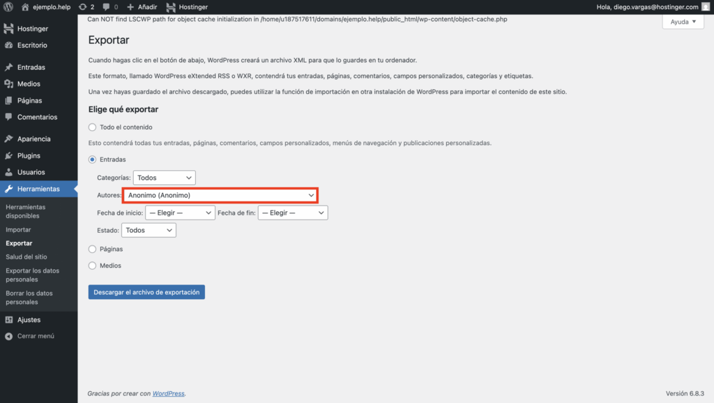 Exportar entradas con autores en WP