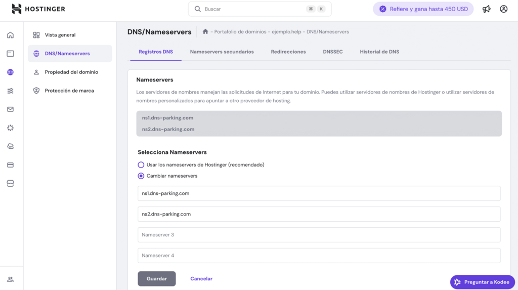 Secci&oacute;n de DNS/Nameservers en hPanel