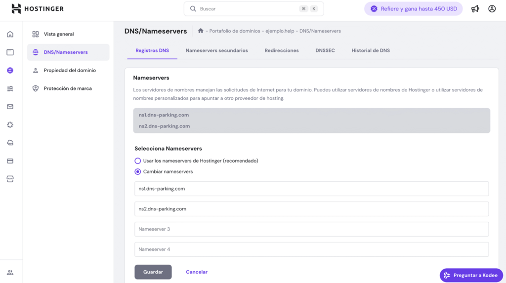 Sección de DNS/Nameservers en hPanel