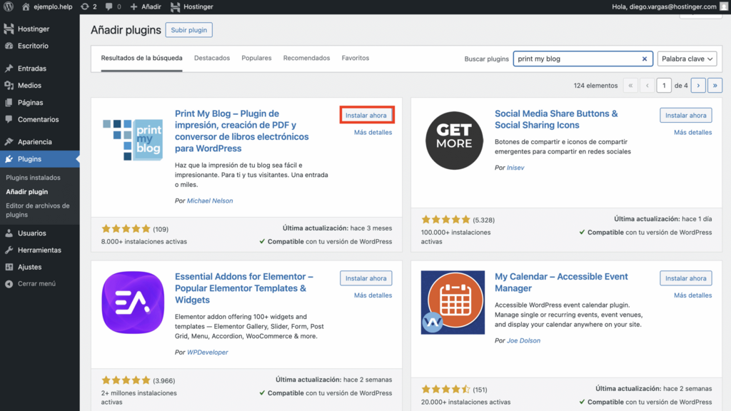Sección de añadir plugins en WP