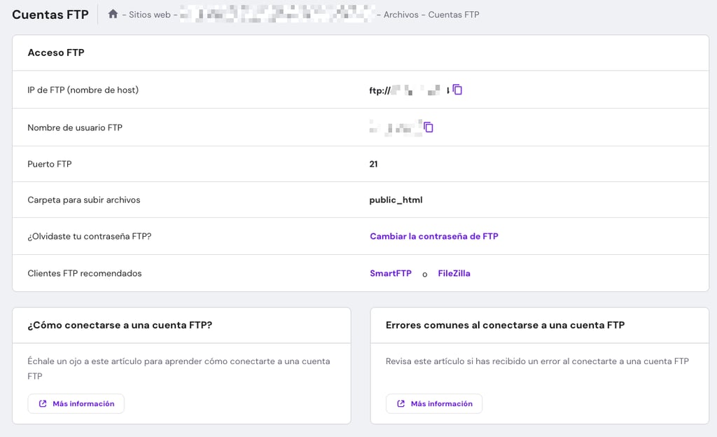 Captura de la pantalla Cuentas FTP
