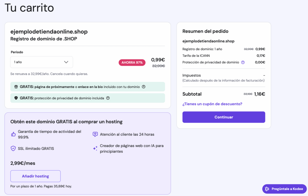 P&aacute;gina del carrito de Hostinger