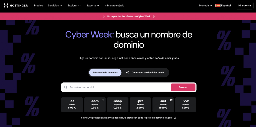 Hostinger b&uacute;squeda de nombre de dominio, mostrando alternativas para un dominio tomado
