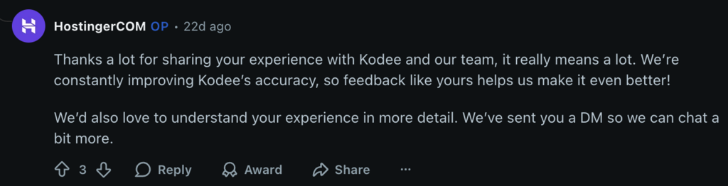 Ejemplo de respuesta de Hostinger en Reddit