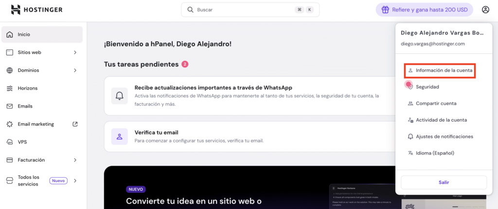 Bot&oacute;n Informaci&oacute;n de la cuenta en hPanel