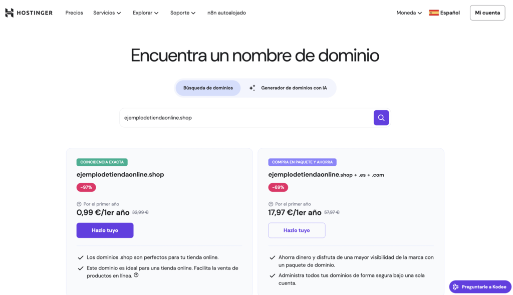 Generador de dominios Hostinger mostrando un resultado de b&uacute;squeda