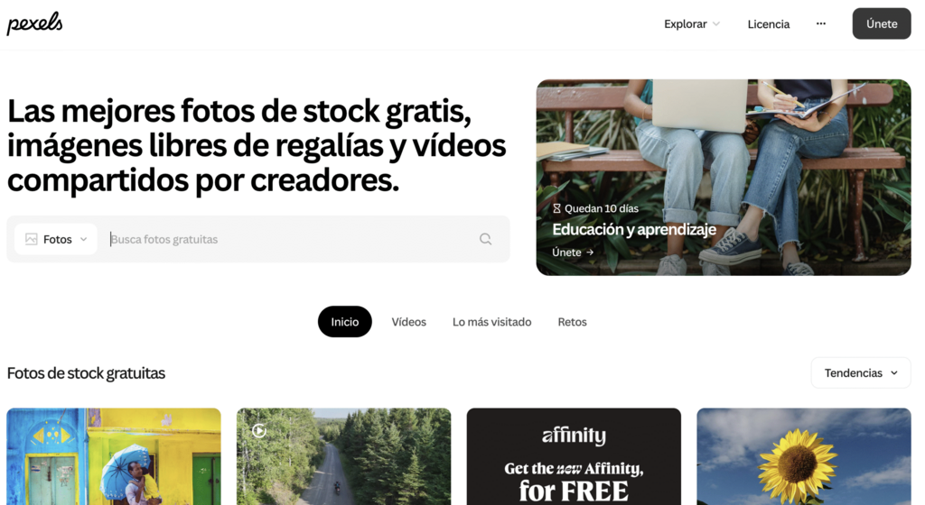 Página de inicio de Pexels