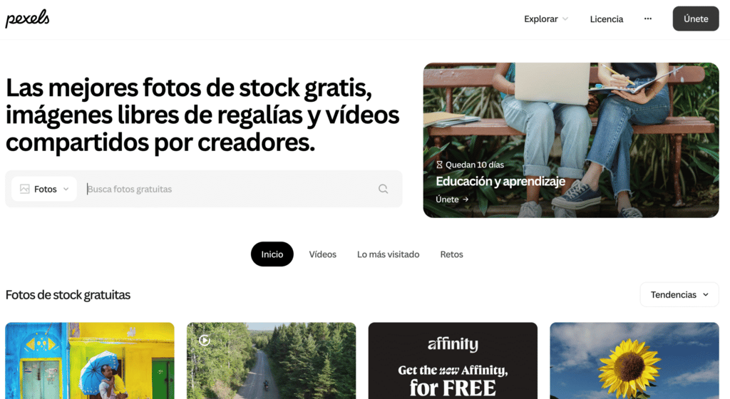 Página de inicio de Pexels