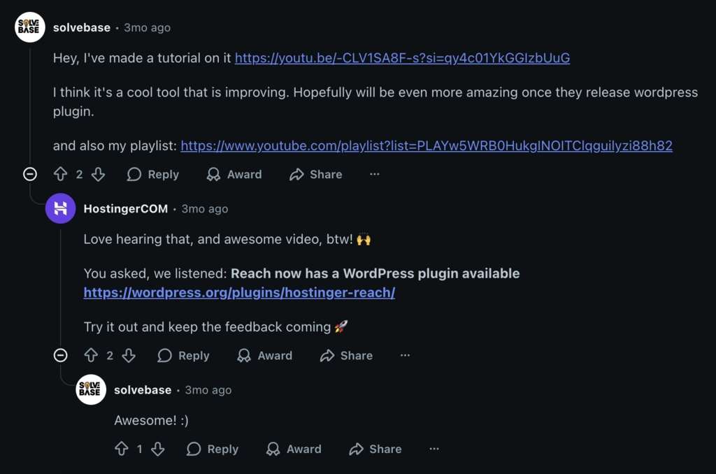 Ejemplo de respuesta de Hostinger en Reddit