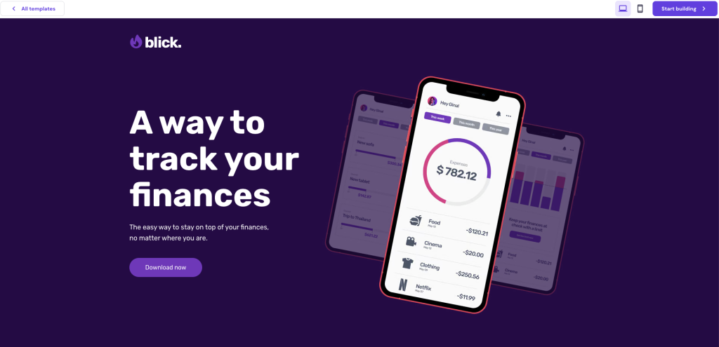 Previsualizaci&oacute;n de la plantilla de p&aacute;gina de destino de la aplicaci&oacute;n Blick en Hostinger Website Builder