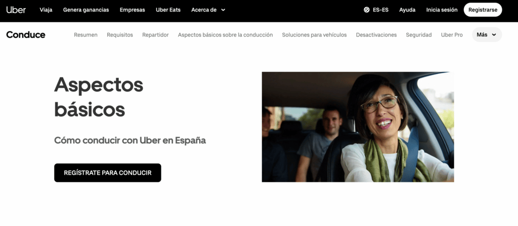 P&aacute;gina de inicio de Uber