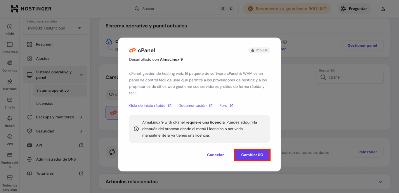 El bot&oacute;n Cambiar sistema operativo en una ventana emergente de confirmaci&oacute;n en el panel de hPanel VPS.