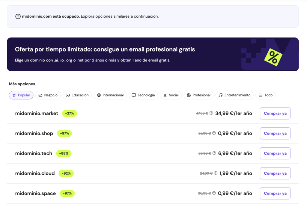 B&uacute;squeda de nombres de dominio y sugerencias de alternativas en el sitio web de Hostinger
