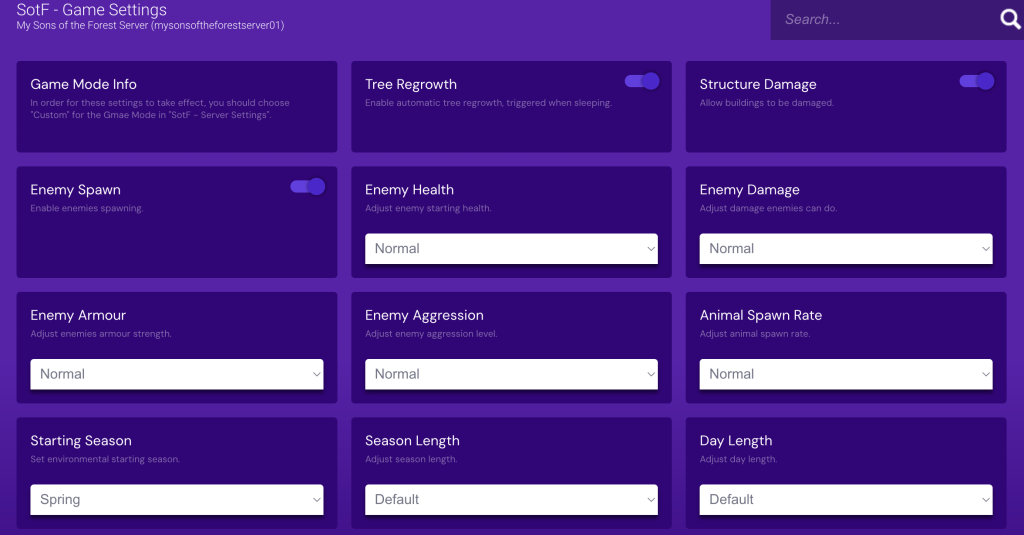 Configuración del juego Sons of the Forest del panel de juego