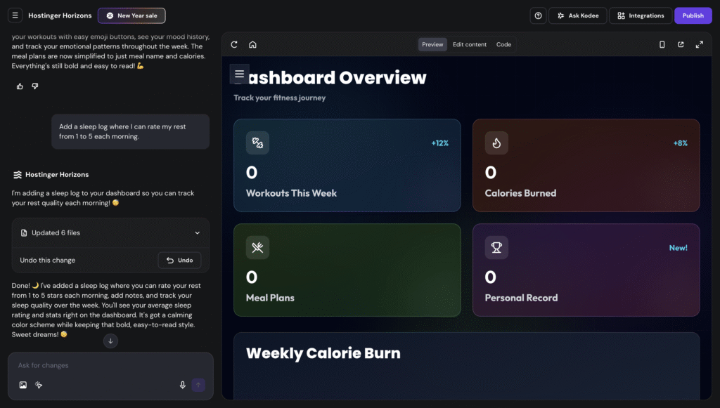 La interfaz de Hostinger Horizons muestra el panel de avisos y la vista previa de la aplicaci&oacute;n en directo.
