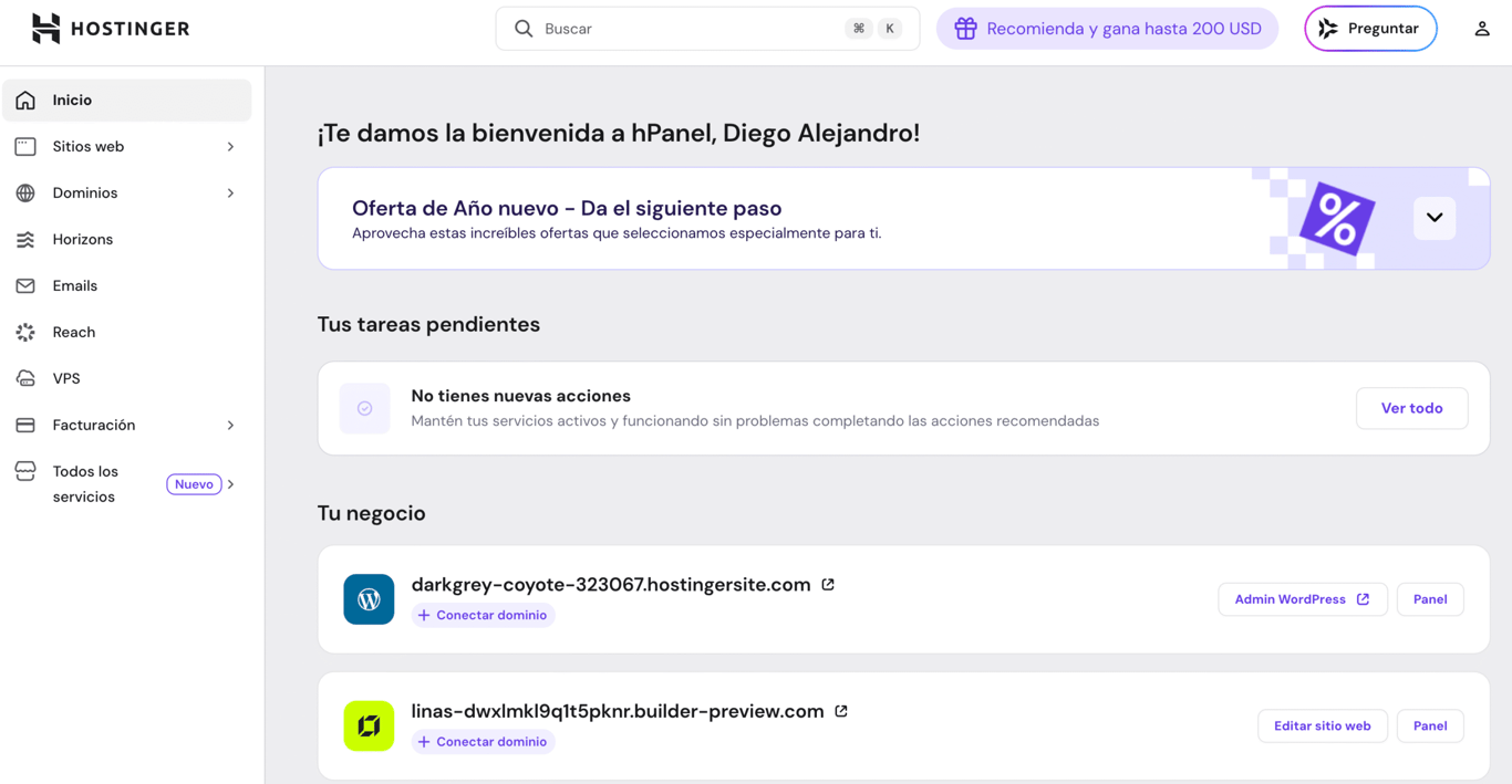 La interfaz de hPanel, un panel de control personalizado de Hostinger.
