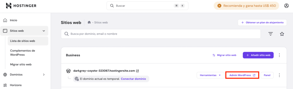 Botón de acceso al panel de administración del sitio web WordPress en hPanel