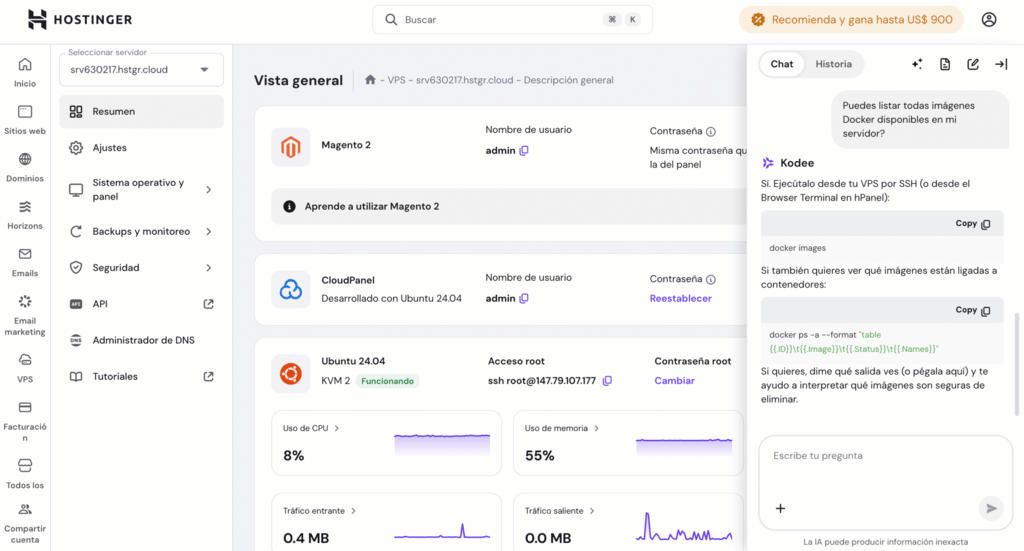 Kodee responde a una pregunta sobre el listado de imágenes Docker en el VPS