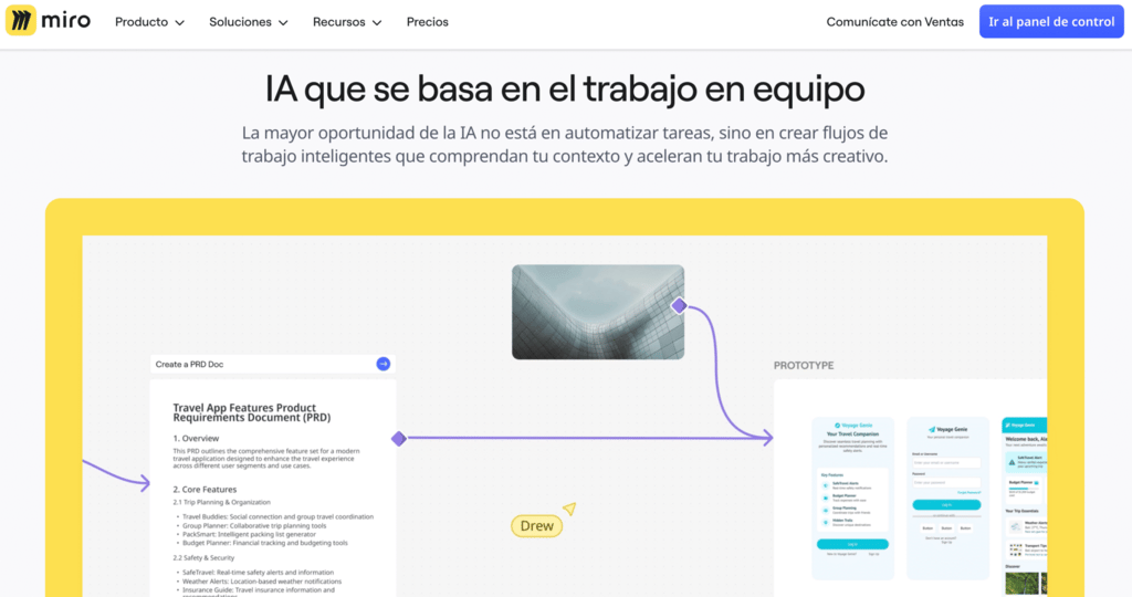 La versi&oacute;n gratuita de Miro con funciones b&aacute;sicas que los usuarios pueden mejorar pagando un plan premium