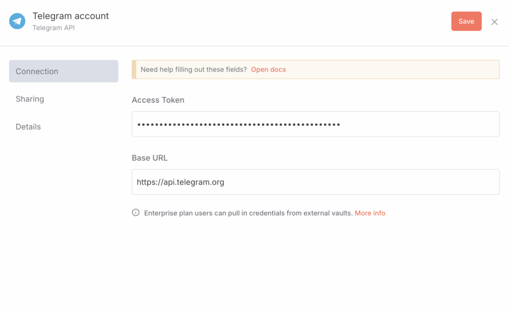El token de la API de Telegram almacenado en el men&uacute; de credenciales de n8n.