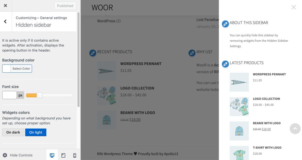 Personalizar la barra lateral oculta de Rife Free como parte de la funcionalidad del complemento WooCommerce