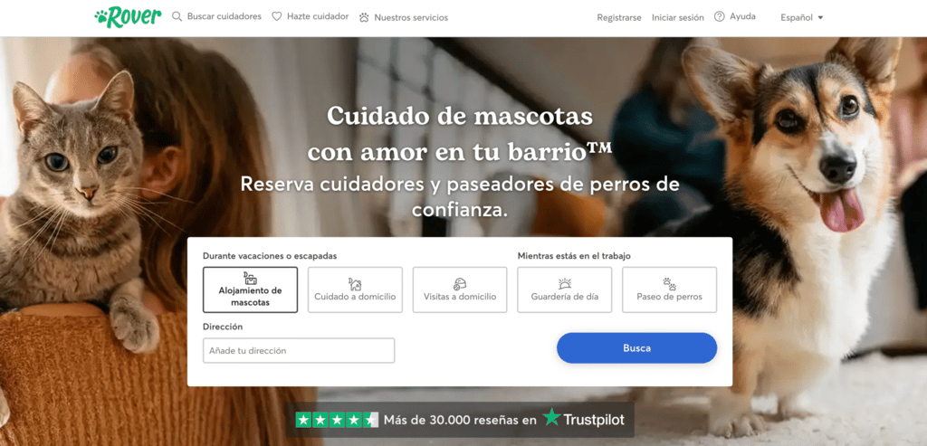 P&aacute;gina de inicio de Rover sitter