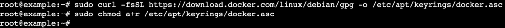 La salida de la terminal tras agregar la clave GPG de Docker y actualizar sus permisos