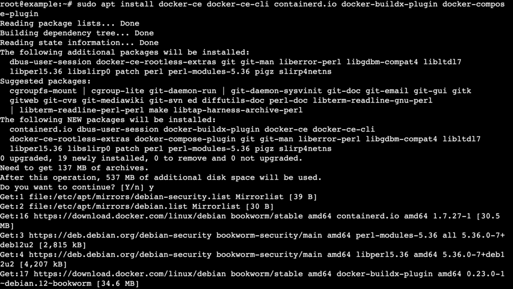 Una salida de terminal que muestra el proceso de instalaci&oacute;n de Docker y todos sus componentes