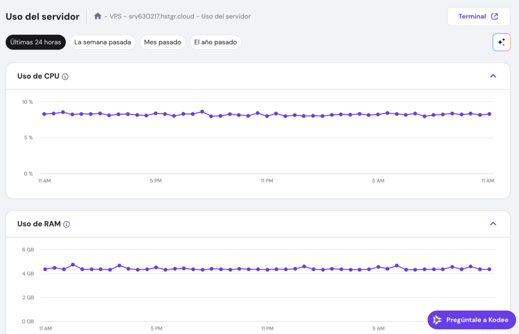 El monitor de recursos de hPanel muestra el consumo de hardware de Coolify en reposo