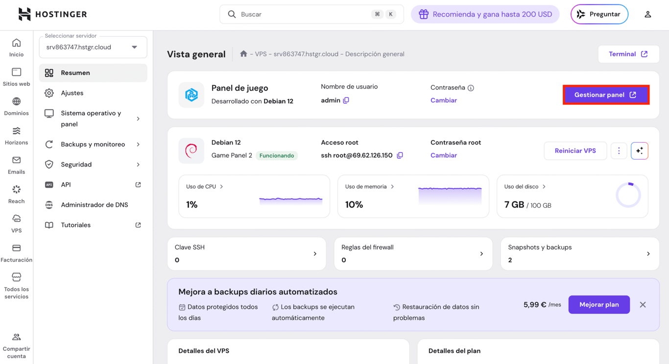 El bot&oacute;n del panel Administrar en la p&aacute;gina Descripci&oacute;n general del VPS
