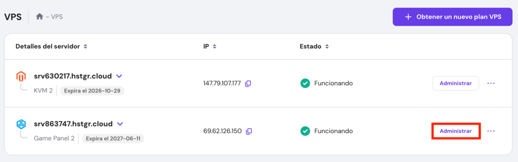 El botón del panel Administrar en la página de descripción general de VPS de hPanel