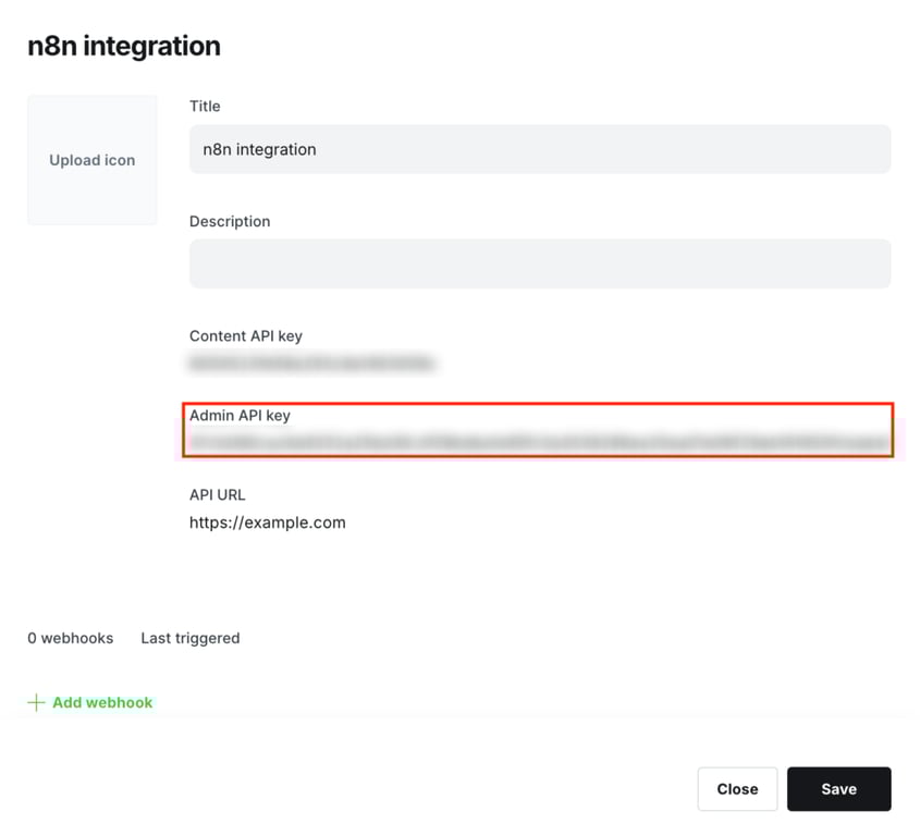 La clave de API de administrador generada en el panel de administraci&oacute;n de Ghost
