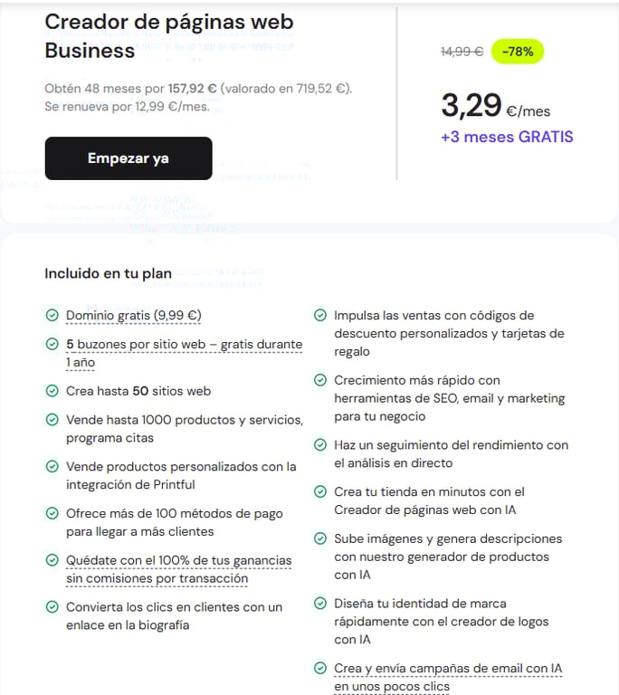 Un ejemplo de precios de SaaS del creador de sitios web de comercio electr&oacute;nico de Hostinger que muestra la tarifa de suscripci&oacute;n, la duraci&oacute;n del contrato y la funci&oacute;n. 