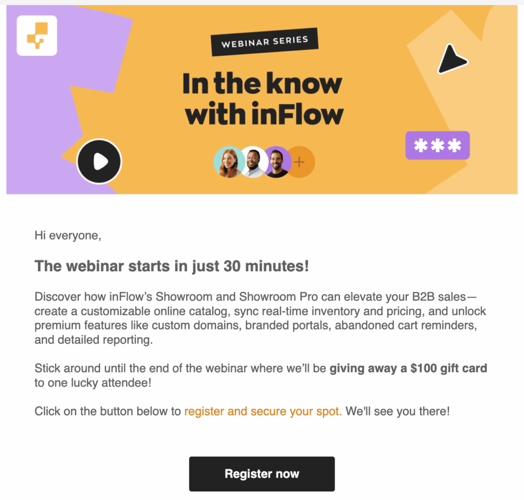 Campaña de marketing por correo electrónico de inFlow que muestra los detalles de su webinar