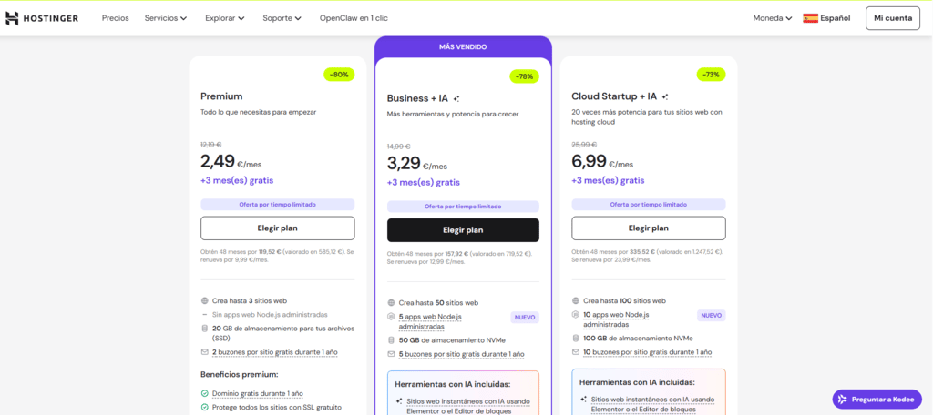 Una captura de pantalla de la p&aacute;gina de registro de los servicios de hosting administrado de WordPress de Hostinger, que muestra los distintos planes de suscripci&oacute;n disponibles.