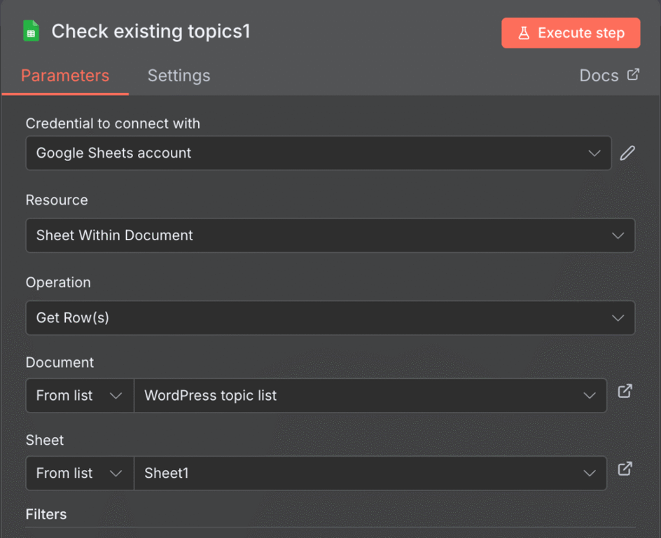 La configuraci&oacute;n del nodo Get row sheet para obtener temas existentes