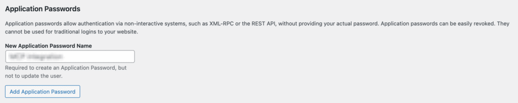 El men&uacute; de contrase&ntilde;as de aplicaci&oacute;n en WordPress con un nombre ingresado