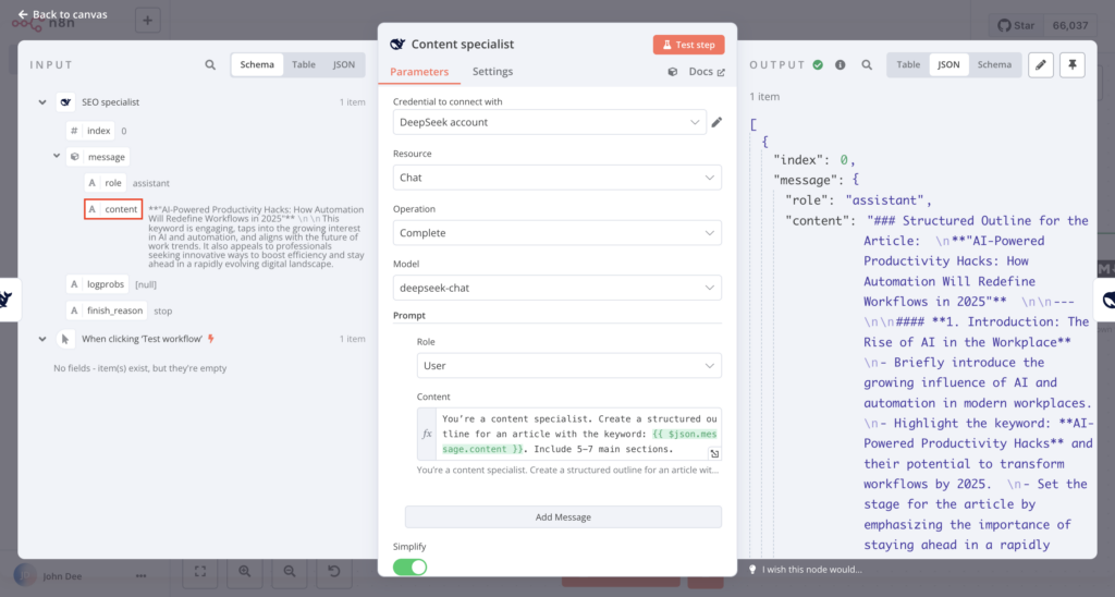 La entrada, el cuadro de di&aacute;logo de configuraci&oacute;n y el panel de salida del nodo especialista en contenido de DeepSeek en n8n