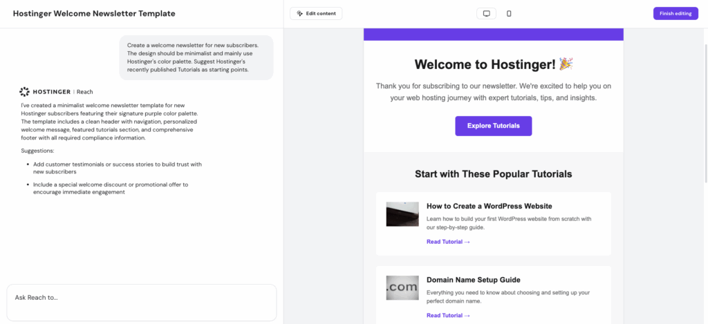 Editor de plantillas de Hostinger Reach