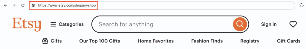 URL de la tienda de Etsy resaltada en la barra de direcciones del navegador