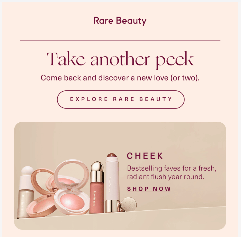 Campaña de email marketing para carritos abandonados de Rare Beauty